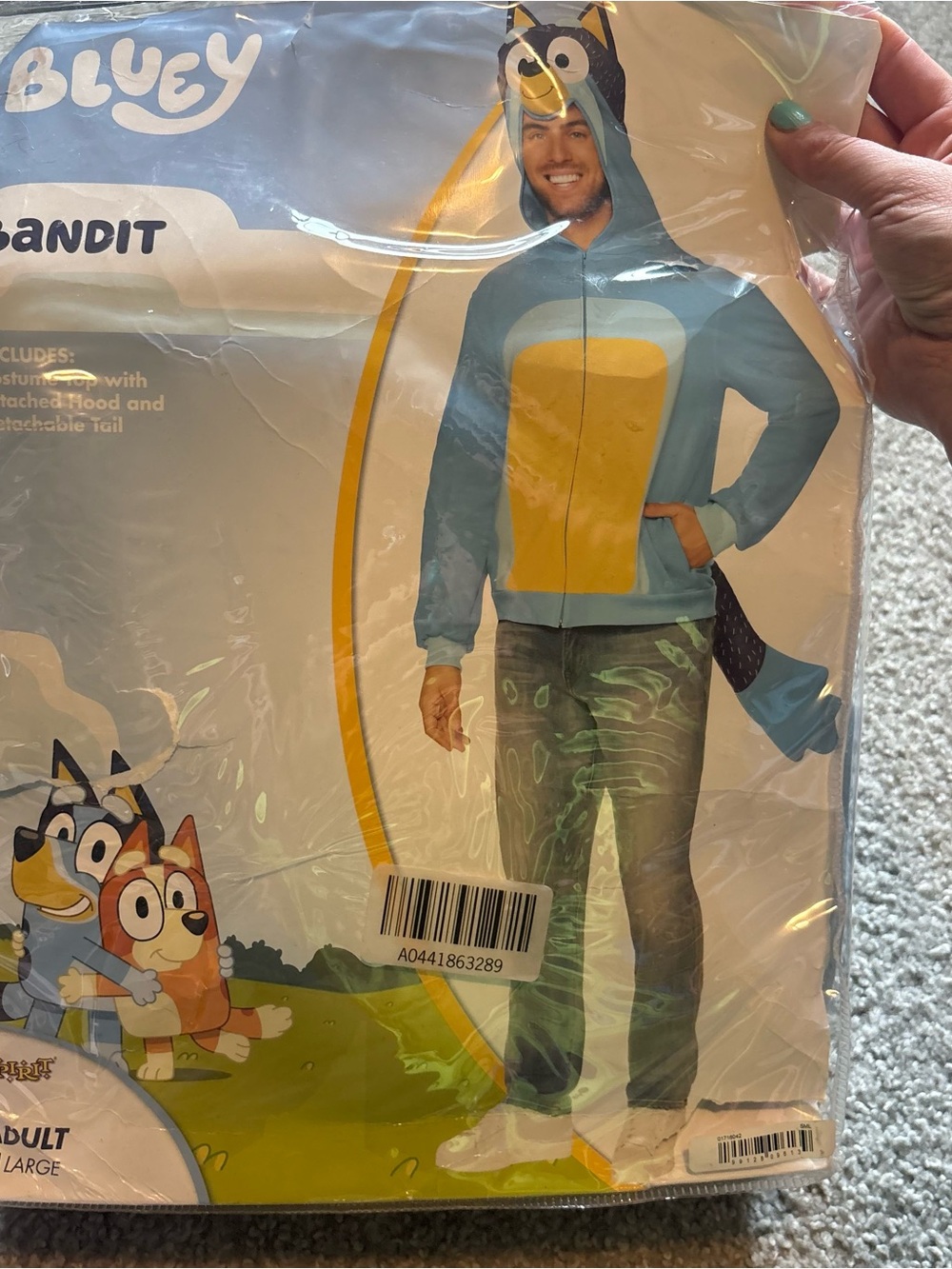 Bluey Bandit Adult Hooded Sweatshirt Costume Large Halloween Dog Blue